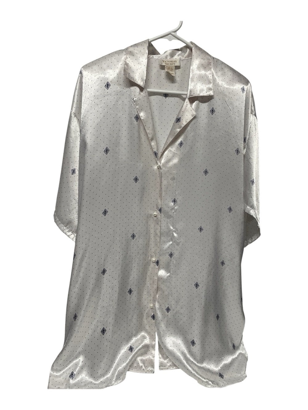 Victoria's Secret White Satin Button-Down with Navy Diamond Motif Gold Label Y2k